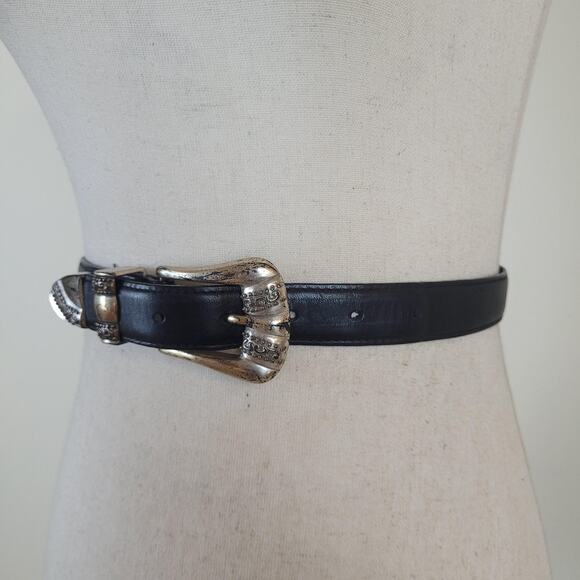 Black Leather Belt Medium Western Buckle Cowgirl Boho Rodeo Rustic Chic Patina main image 5